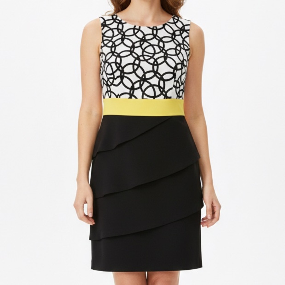 Connected Apparel Black and White Party/Cocktail Dress with Yellow band, Size 6